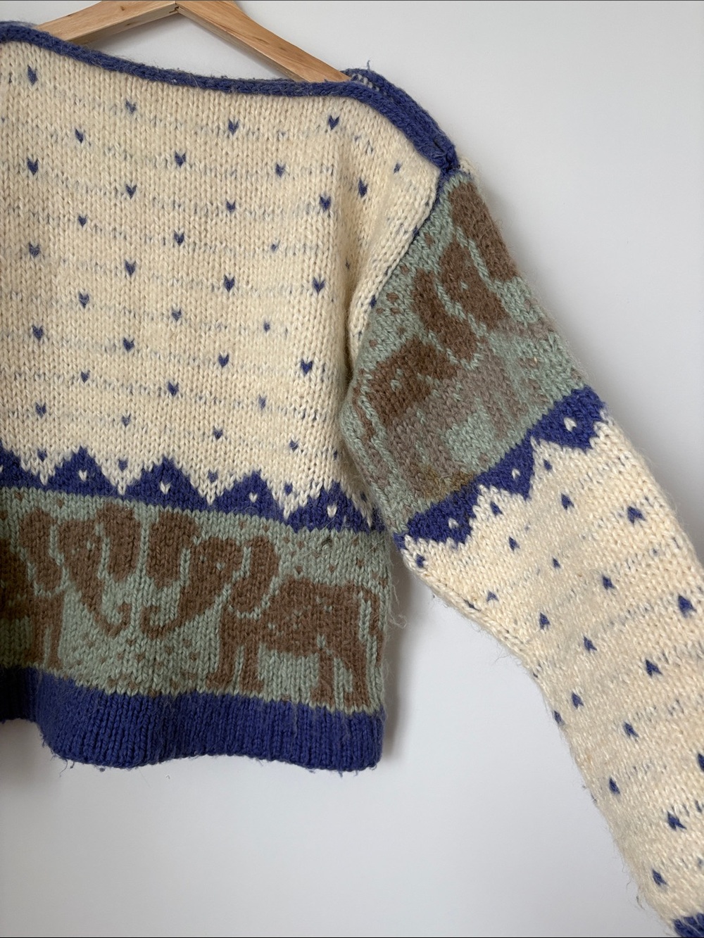 Handknit Elephant Motif Sweater in Cream, Blue, Brown